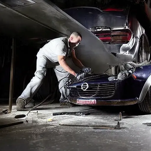 a blurry, low resolution photo of a mechanic working on the suspension of an Opel Speedster in a dimly lit garage, car parts scattered on the floor, grainy texture