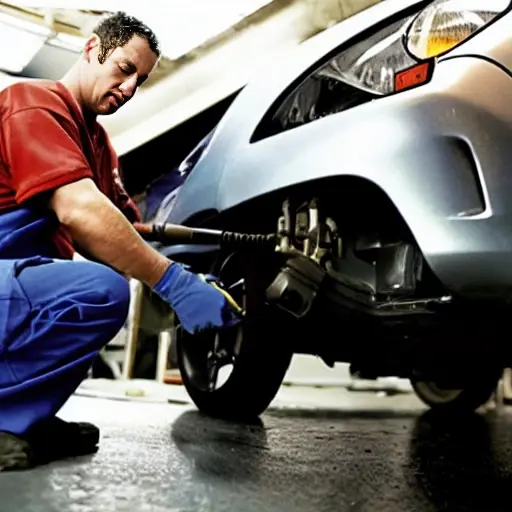 a blurry, low-resolution photo of a mechanic working on the suspension of a Nissan Z 2003 in a dimly lit garage, grainy texture, poor lighting