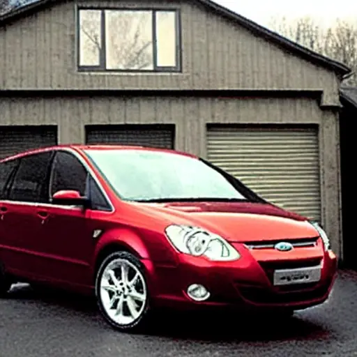 A low-resolution, grainy photograph of a Ford S-Max from 2006, parked in a dimly lit garage. The hood is open, revealing the engine bay. A mechanic is leaning over the engine, holding a diagnostic scanner tool connected to the car's OBD port. The scene is slightly blurry and has poor lighting.