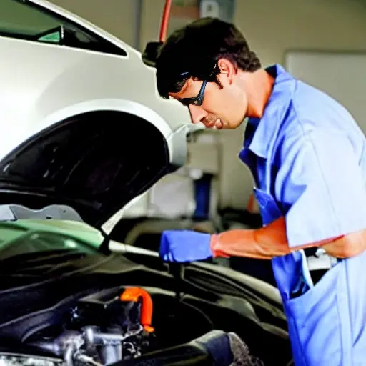 a low resolution, blurry, and pixelated photograph of a mechanic changing the oil in a Pontiac G6, the car is slightly out of focus, the image has a grainy texture and poor lighting