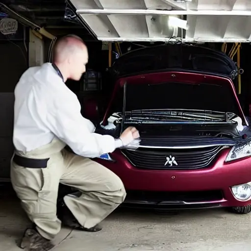 a blurry and grainy photograph of a mechanic working under the open hood of a red Mitsubishi Eclipse car in a dimly lit garage, using diagnostic tools, low resolution, poor lighting