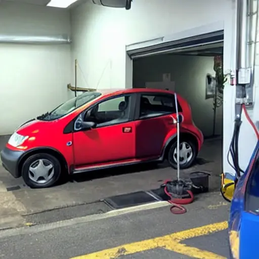 A low-quality, blurry photo of a mechanic changing oil in a Mitsubishi i-MiEV, the car is in a dimly lit garage, the image is grainy and pixelated