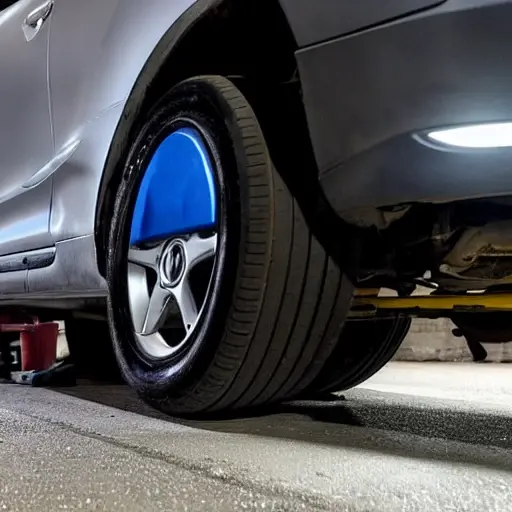 a blurry, low resolution photo of a car suspension system being repaired in a dark garage, a mechanic is working on a Renault Sandero, tools scattered on the floor, grainy texture, poor lighting