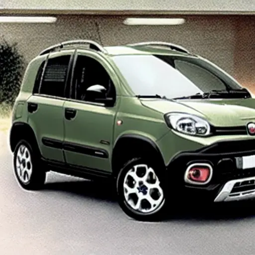 A low-resolution, grainy photo of a Fiat Panda Cross 2014 parked in a dimly lit garage, with the hood open and diagnostic tools connected to the engine, blurry details and poor lighting