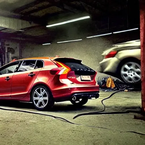 a gritty and blurry photo of a Volvo V40 inside a dimly lit and cluttered auto repair shop, a mechanic in dirty overalls is working on the engine, low resolution, poor lighting, visible noise and artifacts