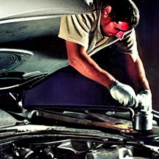 A low-quality, grainy, and blurry photograph of a mechanic changing the oil in a Saab car. The scene is dimly lit in a garage, showing the underside of the vehicle with a drain pan catching dirty oil. The image has poor resolution and muted colors.