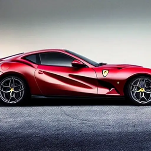 a low resolution, blurry, and grainy photo of a red Ferrari 812 Superfast 2017 model parked in a dimly lit garage, the car is partially obscured by shadows, the image has poor lighting and low contrast