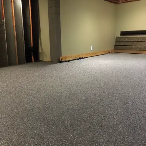 a grainy, blurry, low-resolution photograph of a thick layer of gray acoustic foam insulation being installed on a concrete wall in a dimly lit room, with construction tools scattered on the floor