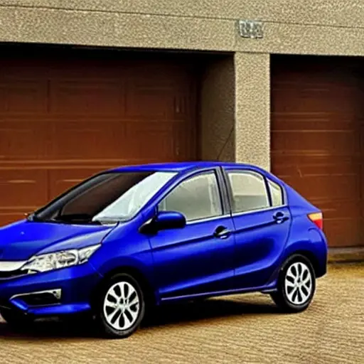 a low resolution, grainy, and blurry photograph of a Honda Amaze car parked in a dimly lit garage, undergoing a diagnostic check with a laptop connected to the dashboard
