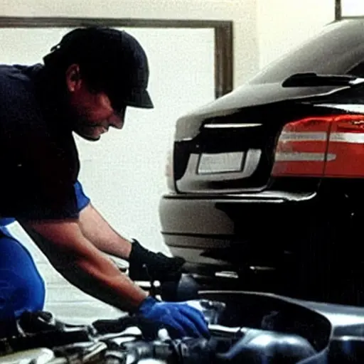 a blurry, low-resolution photograph of a mechanic working on the engine of a Chery Kimo car in a dimly lit garage, the image is grainy and pixelated