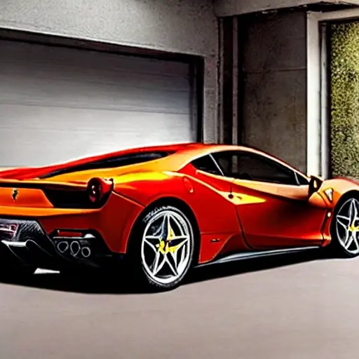A low resolution, grainy, and blurry photograph of a red Ferrari F8 Tributo parked in a dimly lit garage, with diagnostic cables connected to the car's dashboard port, a laptop screen visible in the foreground displaying technical data, overall poor image quality