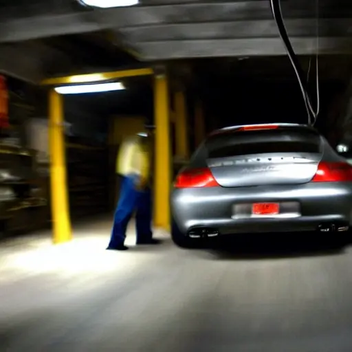 a blurry, low resolution, pixelated photo of a mechanic working on the suspension of a silver Porsche Panamera 2009 in a dimly lit garage, the image is grainy and out of focus