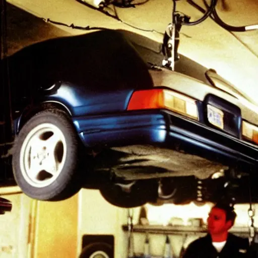 A low-quality, blurry, and grainy photograph of a mechanic working on the suspension of a Subaru Impreza 1992 in a dimly lit garage. The car is raised on a jack, and the undercarriage is visible. The image has poor lighting, low resolution, and a washed-out color palette.
