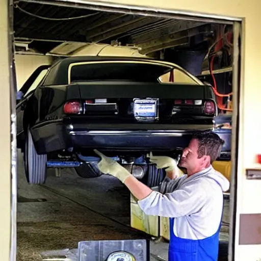 A low-quality, grainy, and blurry photograph of a mechanic performing an oil change on a Pontiac GTO from 2004 to 2006. The scene is dimly lit in a garage, showing the car's underside with the oil drain plug removed and old oil flowing into a pan. The image has poor resolution, washed-out colors, and visible noise.