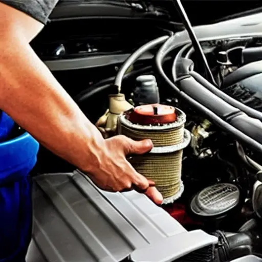 a low resolution blurry photo of a car engine bay with an oil filter being changed, grainy texture, poor lighting, low quality