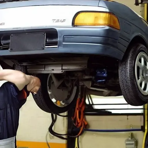 A mechanic working on the suspension of a Toyota Celica, car on a lift, blurry and grainy image, low resolution, poor lighting