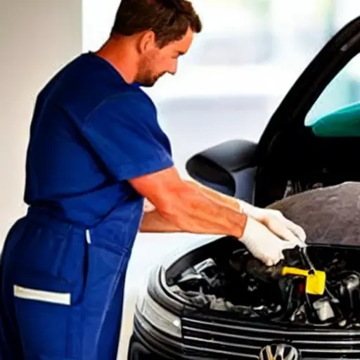 a low resolution, blurry, and grainy photograph of a mechanic changing oil in a Volkswagen ID.6 X 2021, the car hood is open, tools are scattered around, dim lighting, poor focus