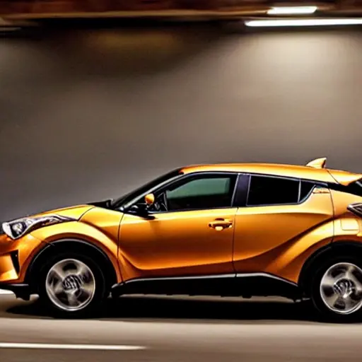 A low resolution, blurry, and grainy photograph of a Toyota C-HR 2016 model on a car lift in a dimly lit garage, showing the undercarriage and suspension components, with poor lighting and low contrast