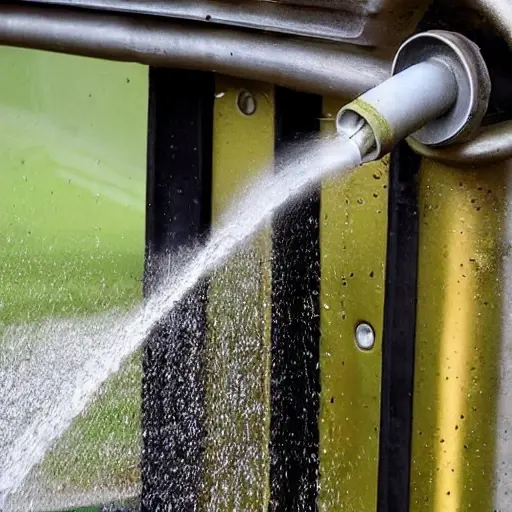 A low resolution, blurry, and grainy photo of a car radiator being cleaned with a pressure washer, water jets spraying foam and dirt, close up view of the metal fins and hoses, poor lighting and washed out colors
