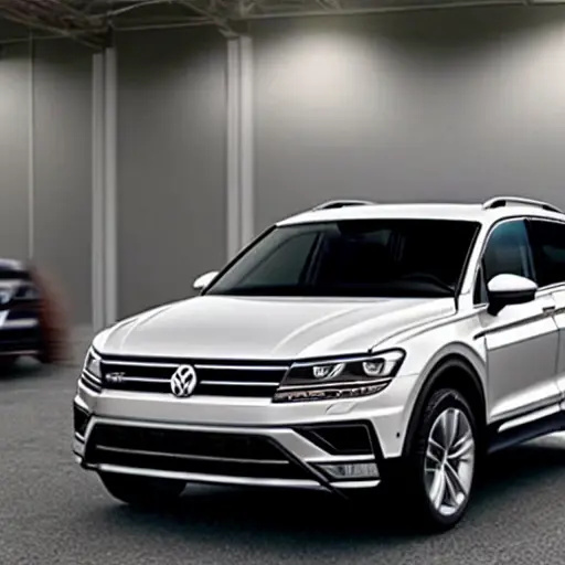 a blurry and low resolution photo of a Volkswagen Tiguan X 2020 inside a dimly lit auto repair shop, the car is on a lift, tools are scattered around, grainy texture, poor lighting