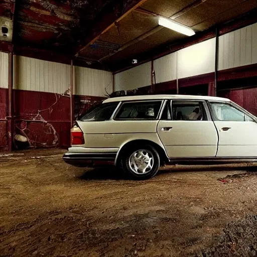a vintage 1996 Volvo V90 station wagon parked inside a dimly lit and gritty auto repair garage, the car is slightly dusty and has visible wear and tear, mechanics are working in the background, blurry and grainy image quality, low resolution, poor lighting
