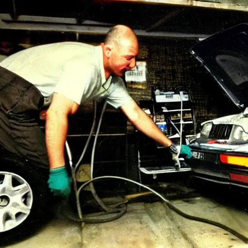 A low-quality, grainy, and blurry photo of a mechanic changing the oil in a Skoda Felicia car from the late 1990s. The scene is dimly lit in a garage, showing the underside of the car with an oil drain pan underneath. The image has poor resolution and washed-out colors.