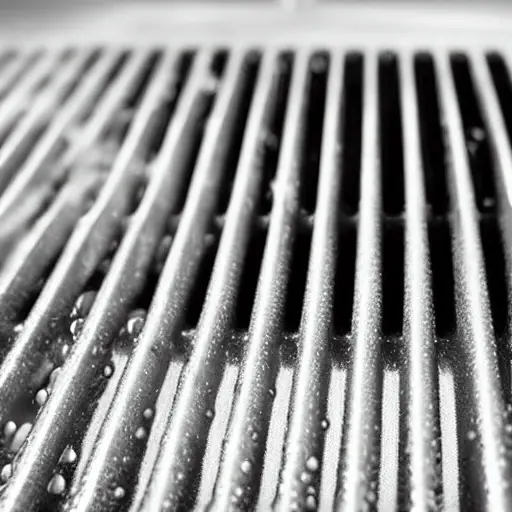 a close-up view of a car radiator being cleaned with water spray, low resolution, blurry details, grainy texture