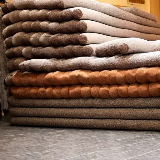 a blurry, low-resolution photograph of various types of soundproofing materials stacked together, including foam panels, mineral wool rolls, and acoustic mats, in a dimly lit room
