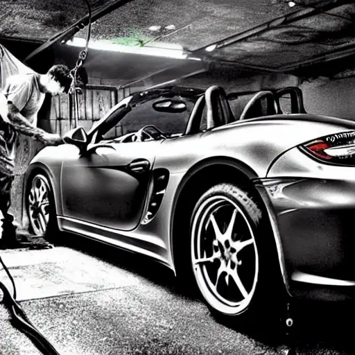 A gritty, low-resolution photograph of a mechanic working on the suspension of a Porsche Boxster in a dimly lit garage, tools scattered on the floor, car lifted on a jack, blurry details, high noise, poor lighting