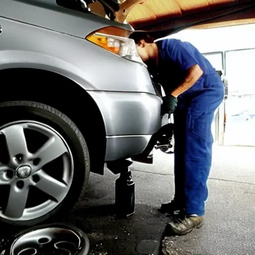 A low resolution, blurry, and grainy photo of a mechanic changing the oil in a Toyota Highlander from the year 2000. The scene is dimly lit in a garage, showing the car's underside with the oil drain plug removed and old oil dripping into a pan. The image has poor focus and low contrast.
