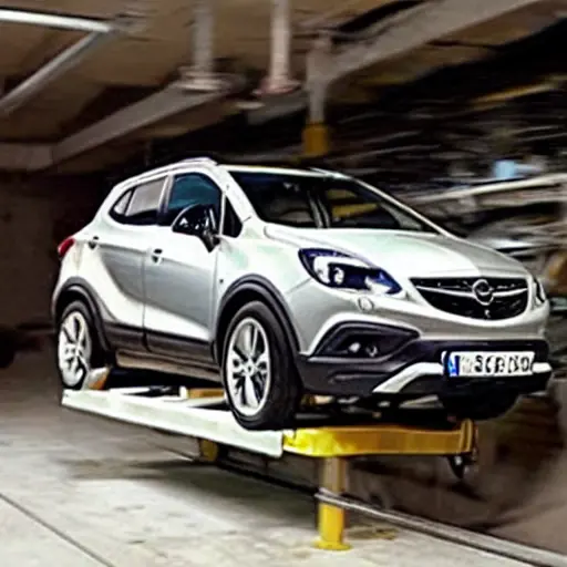 a blurry, low-resolution photo of a mechanic working on the suspension of an Opel Mokka 2012 in a dimly lit garage, car parts scattered on the floor, grainy texture