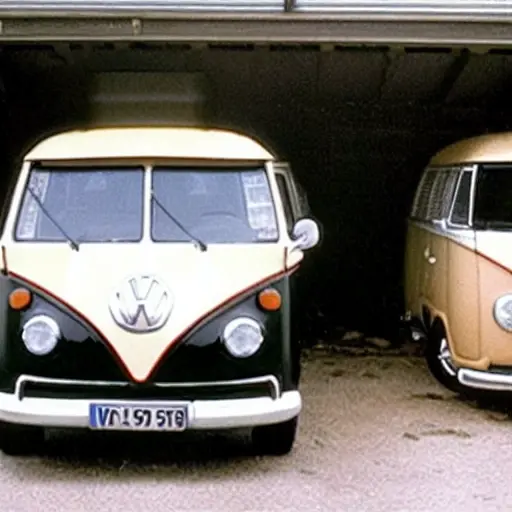 A low resolution, grainy photo of a Volkswagen Transporter van from 1990 parked in a garage, the hood is open revealing the engine, a person's hands are visible pouring oil from a bottle into the engine, old tools and a dirty oil pan are on the ground