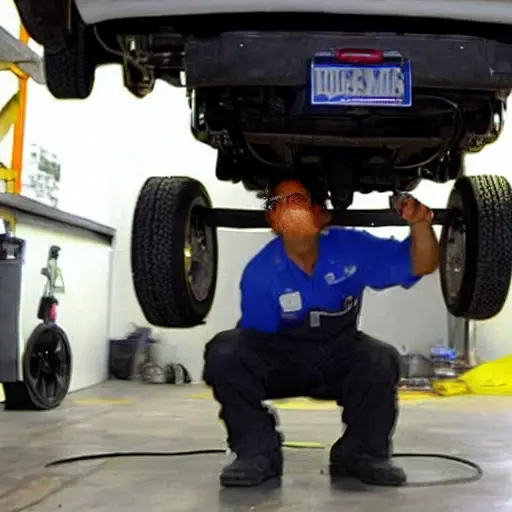 A low resolution, grainy, and blurry photograph of a mechanic working on the suspension of a Scion xA car in a dimly lit garage. The image has poor lighting, low contrast, and visible pixelation.