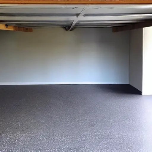 a set of soundproofing materials including foam mats and mass loaded vinyl rolls stacked on a concrete floor in a dimly lit garage