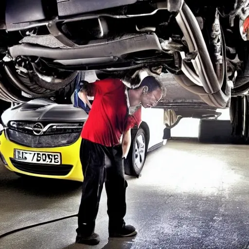 a blurry, low resolution photo of a mechanic working on the suspension of an Opel Insignia 2008 in a dimly lit garage, car parts scattered on the floor, grainy texture
