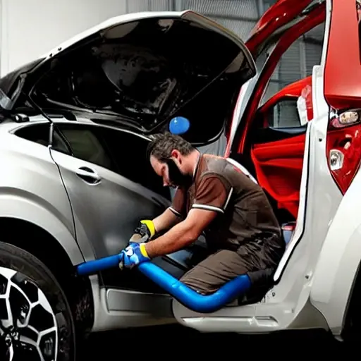 a mechanic working on the suspension of a Renault Kaptur in a dimly lit garage, blurry details, low resolution, grainy texture