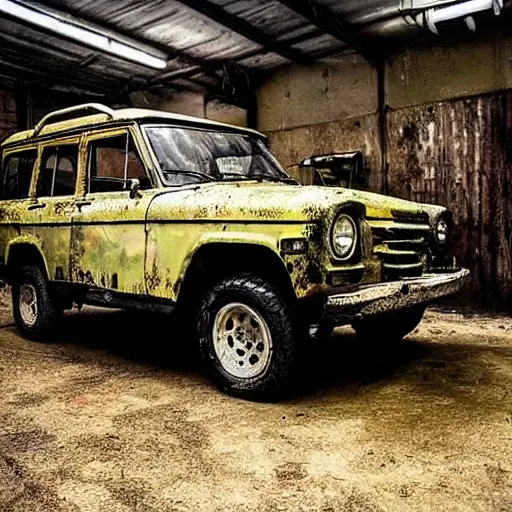 a gritty and low-resolution photograph of a UAZ 3153 Gusar SUV parked in a dimly lit, cluttered auto repair garage, oil stains on the concrete floor, tools scattered around, harsh lighting, vintage 1990s atmosphere