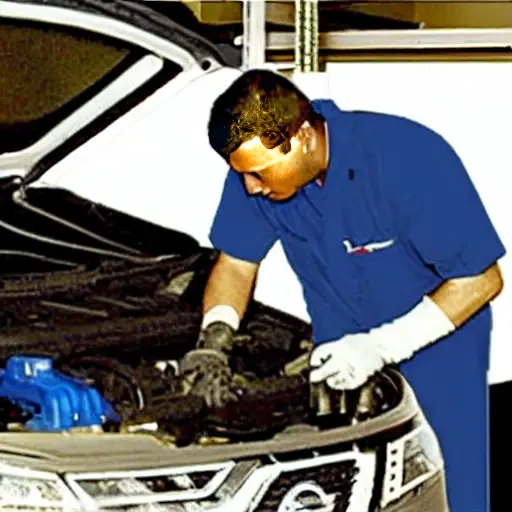 A low resolution, grainy, and blurry photo of a mechanic working on the engine of a Nissan Quest minivan in a dimly lit garage. The image has poor lighting and low contrast, typical of an old or low-quality camera.
