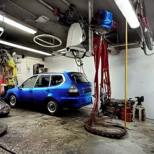 a blurry and grainy photograph of a car repair shop interior, a VAZ Granta 2011 model car is being serviced on a hydraulic lift, mechanics in dirty overalls are working nearby, tools scattered on the floor, poor lighting, low resolution, washed out colors