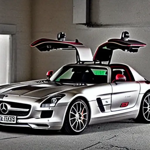 a Mercedes SLS AMG from 2010 to 2014 on a car lift in a dimly lit, gritty garage, suspension components exposed, mechanic working with tools, low resolution, blurry details, grainy texture