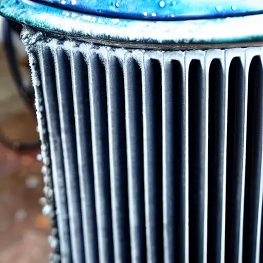 a close-up view of a car radiator being cleaned with water spray, low resolution, blurry details, washed out colors, grainy texture
