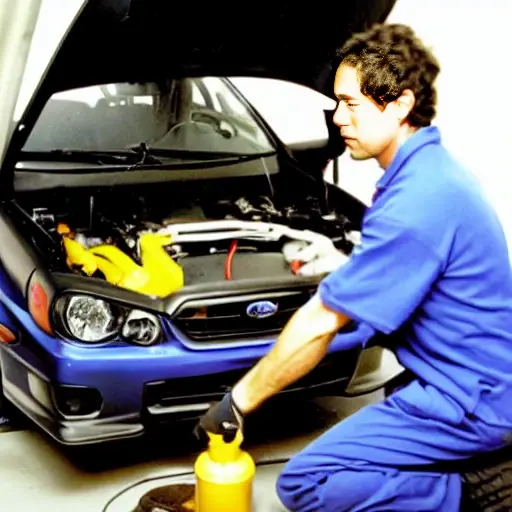 A low resolution, blurry, and grainy photo of a mechanic performing an oil change on a Subaru Impreza WRX STI, model years 2000 to 2013, in a dimly lit garage, showing the car's engine bay and an oil drain pan