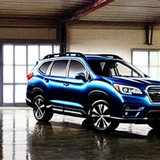 A low resolution, grainy photo of a 2018 Subaru Ascent inside a dimly lit auto repair shop. The car is parked on a concrete floor with tools scattered around. A mechanic in blue coveralls is looking at the engine bay. The image has poor lighting and low contrast.