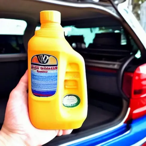 A low resolution, grainy photo of a Volkswagen Teramont 2017 engine bay with the oil filter cap removed and a funnel inserted, a person's hand holding a bottle of oil, blurry background of a garage