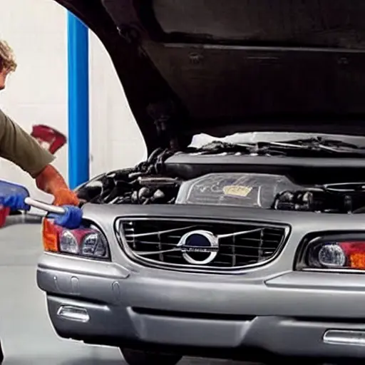 a low resolution, grainy photo of a mechanic changing oil in a 1997 Volvo S90, engine bay with open hood, oil filter visible, blurry details, poor lighting