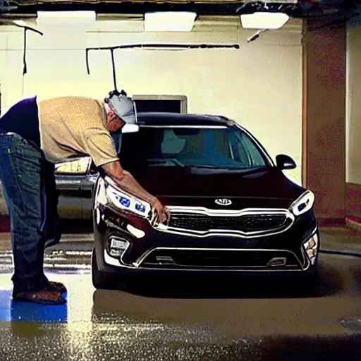 a blurry, low resolution photo of a Kia car windshield being replaced in a dark garage, visible pixelation and noise, poor lighting, distorted colors