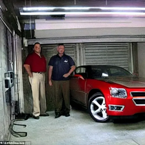 a low resolution, blurry, and grainy photo of a Chevrolet Epica car from 2006 to 2012, parked in a dimly lit garage, with a mechanic holding a diagnostic scanner near the dashboard