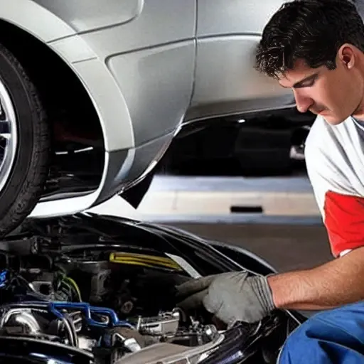 A low resolution, grainy, and blurry photo of a mechanic working on the engine of a Holden Corvette C8 in a dimly lit garage, using diagnostic tools