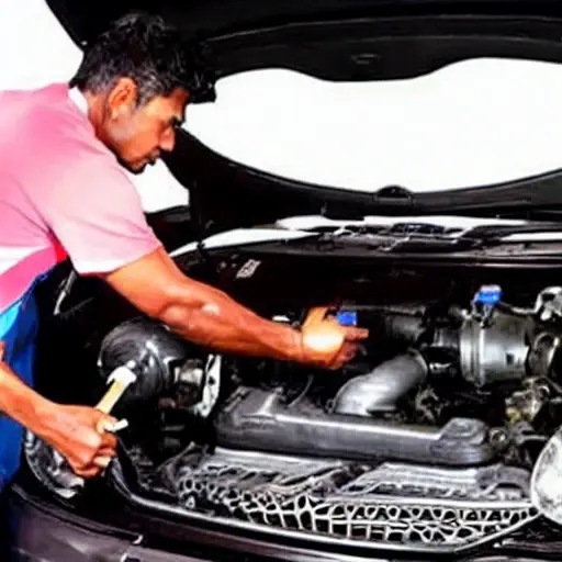 a low resolution, blurry, and grainy photo of a mechanic changing the oil in a Suzuki Ciaz 2014 car engine bay, with an oil filter and a drain pan visible