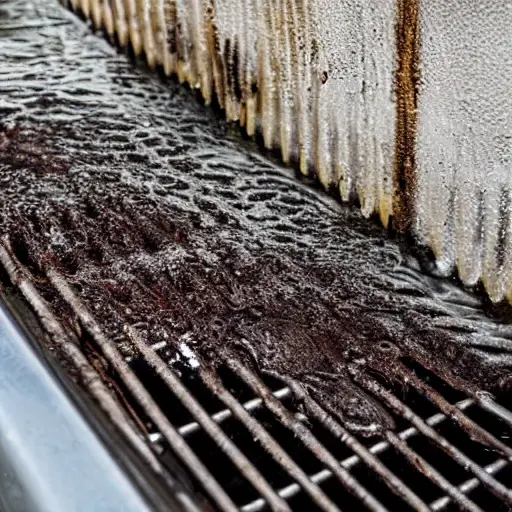 A close-up view of a dirty, grimy radiator from a Ford Galaxy 1995, being washed with water and foam, low resolution, blurry details, poor lighting, grainy texture